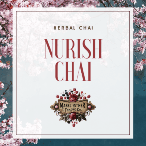 Nurish Chai loose leaf herbal tea label with rooibos and chai spices